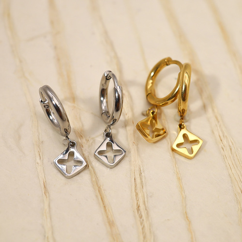 INS style old flower hollow cross pendant earrings titanium steel 14K gold non-fading slimming high-end earrings European and American earrings