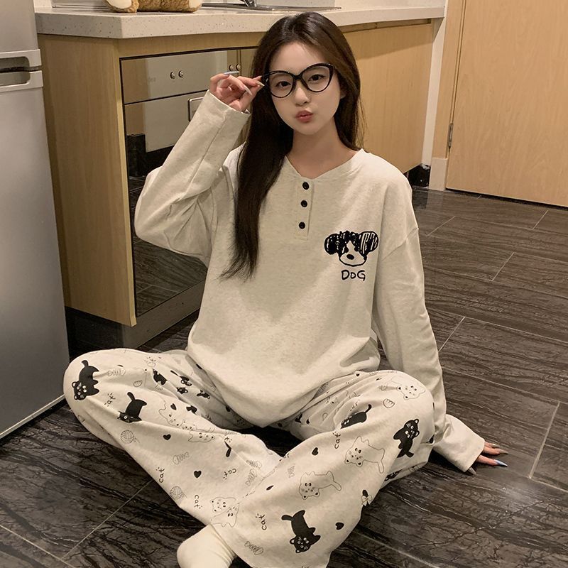 跨境批发纯棉睡衣女款春秋季长袖新款可爱猫咪卡通简约家居服套装|undefined