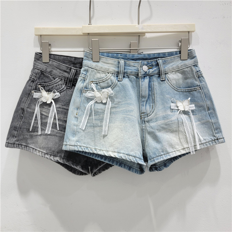 Pantalones Cortos de Mezclilla con Decoración de Moño de Poliéster Cintura Baja image 1