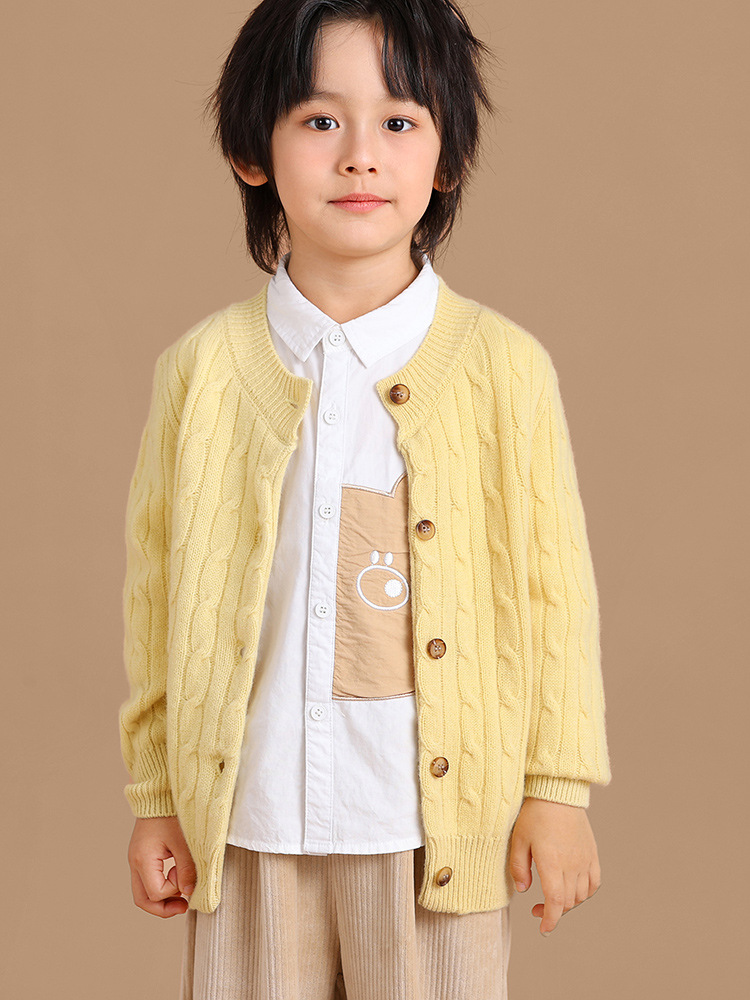 男女子供100% 純ウールクラシックレトロ麻花ニットカーディガン厚手丸襟純色洋気セーター潮