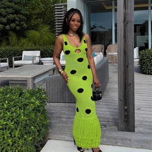 2025夏季跨境新款亚马逊肩带针织包臀连衣裙黑色波点裙摆流苏长裙