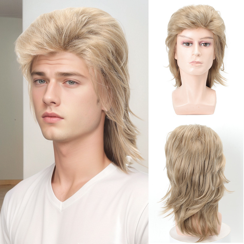 Cross-border foreign trade European and American men's mullet wig 80 s fancy party dress props golden wig headgear