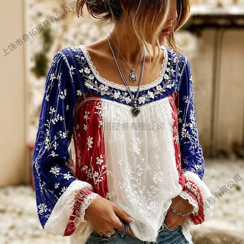 New European and American style round-neck digital print loose long-sleeve women's casual travel trendy floral cross-border bestseller