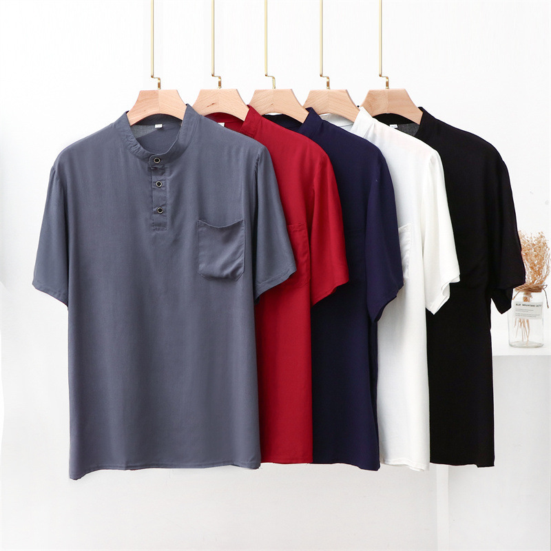 Cotton silk short-sleeved pocket T-shirt middle-aged and elderly men's thin artificial cotton pullover plus size top men's round neck bottoming shirt