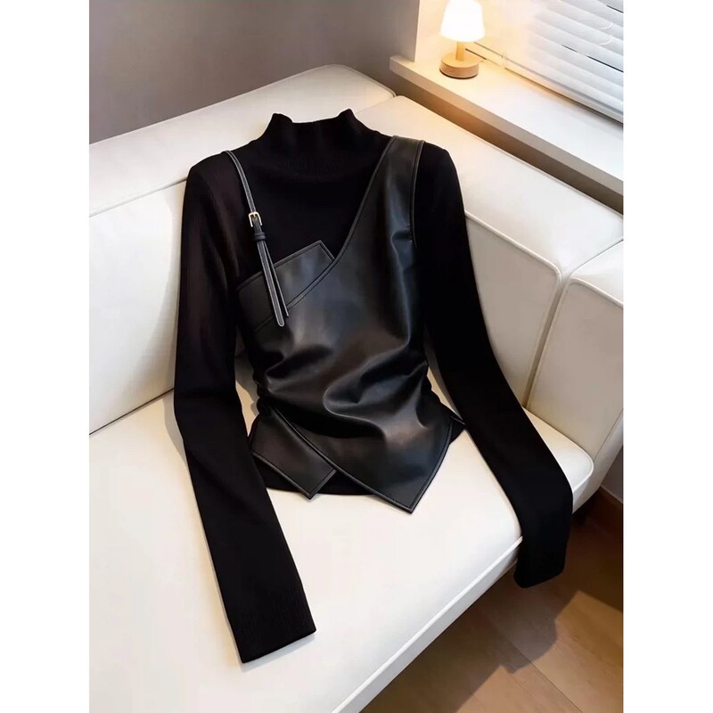 Black vest with fake two-piece long-sleeve T-shirt for plus-size women, slimming and waist-cinching, super stylish top A14010 Black vest with fake two-piece long-sleeve T-shirt for plus-size women, slimming and waist-cinching, super stylish top A14010