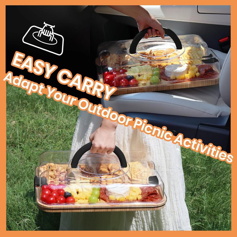 Bamboo Party Snack Cutting Board Kitchen Fruit Bread Snack Plate with Lid and Handle