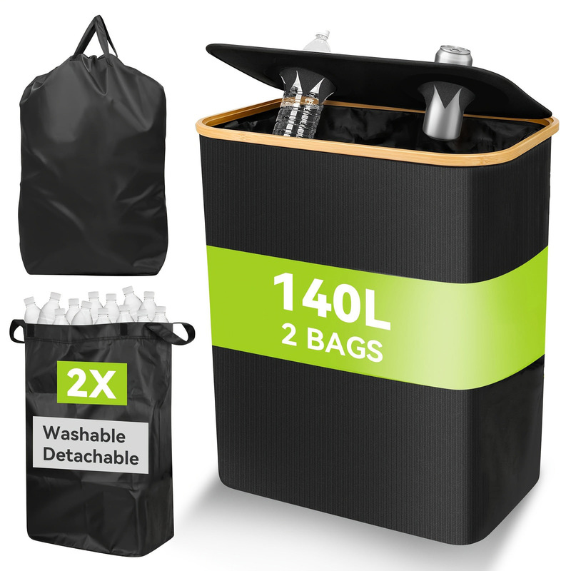 Cross-Border Foldable Fabric Recycling Basket with Lid, Large 140L Storage Bin with Double Holes for Collecting Bottles, with Lid Cross-Border Foldable Fabric Recycling Basket with Lid, Large 140L Storage Bin with Double Holes for Collecting Bottles, with Lid