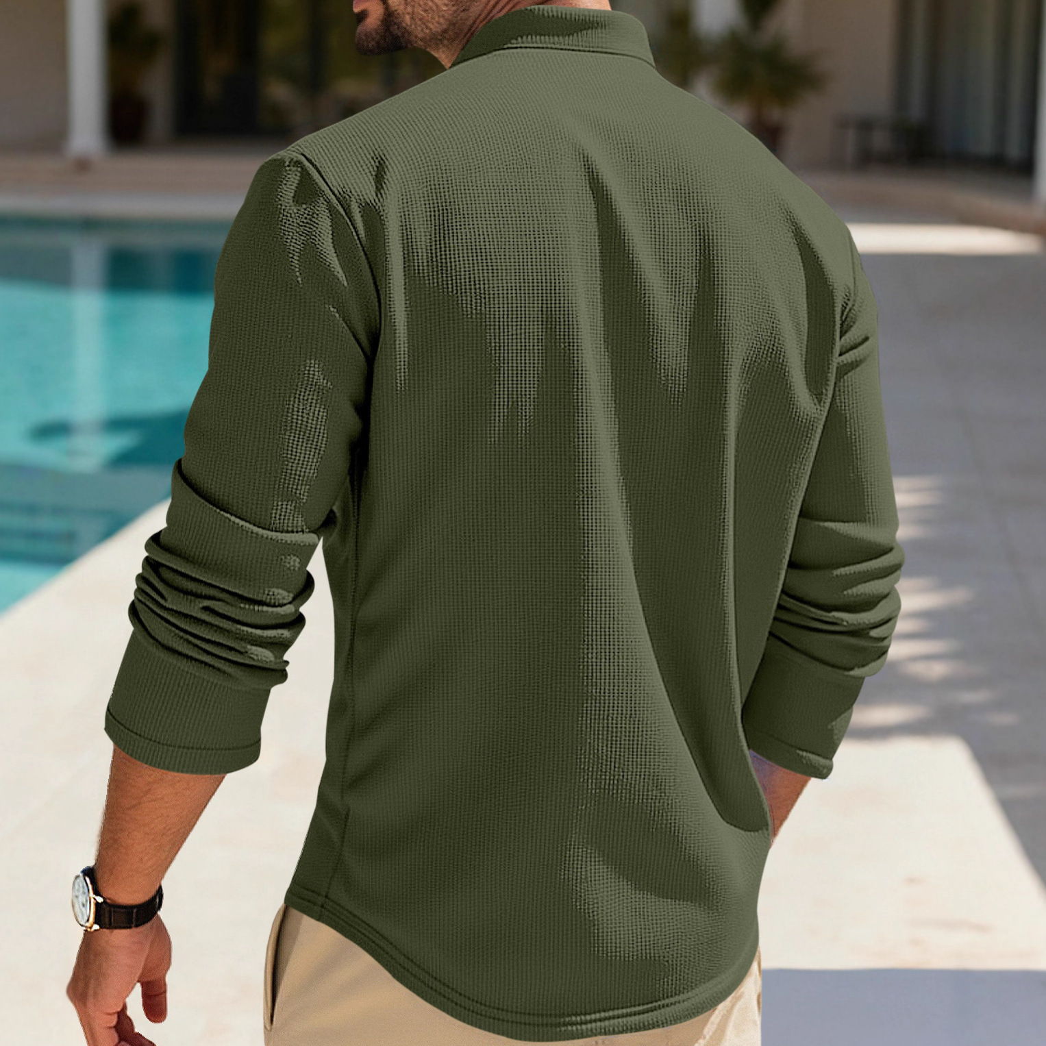 Monochrome Man- Summer Half-Sleeve Waffle Casual Business Loose Stand Collar Button Polo Shirt For Men_voghion.com