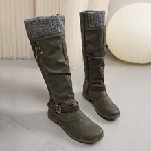 欧美外贸毛线口粗跟侧拉链高筒靴女跨境皮带扣铆钉低跟骑士靴wish
