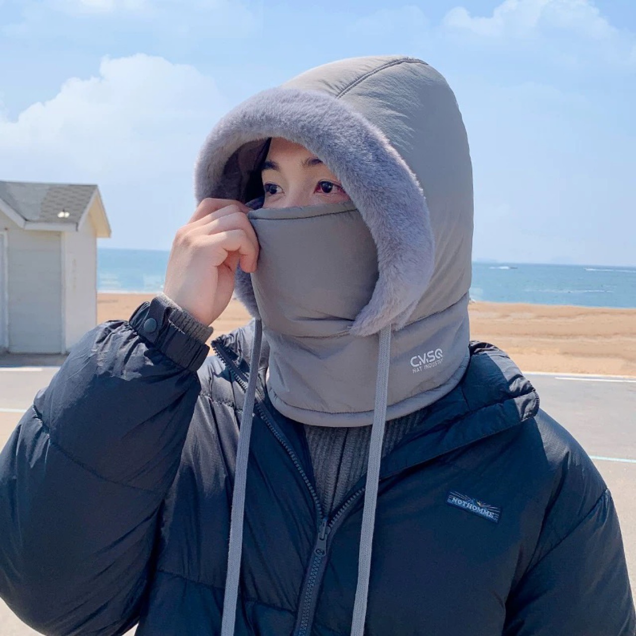 羽绒棉雷锋帽女冬围脖一体百搭加厚保暖套头全脸防风骑车头盔帽男