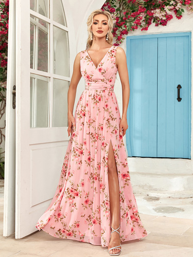 The 24th New European and American Chiffon Long Dress with Double V Neck, Sleeveless A-Skirt Evening Gown, Slit, Elastic Waist, Ballroom Dress