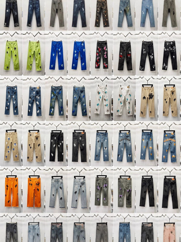 Chrome Heart Chrome Cross Leather Patch Washed Jeans High Street Loose Fit Jeans Full Series