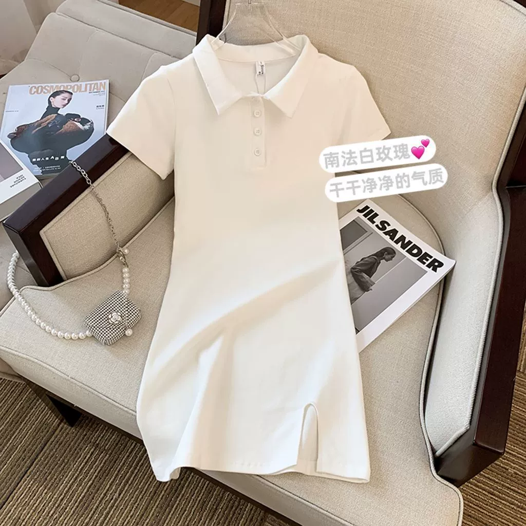 Летнее хлопковое белое платье с воротником-поло, женственная короткая юбка, модный и простой, стиль чистой страсти, тонкая талия и стройнящий вид.