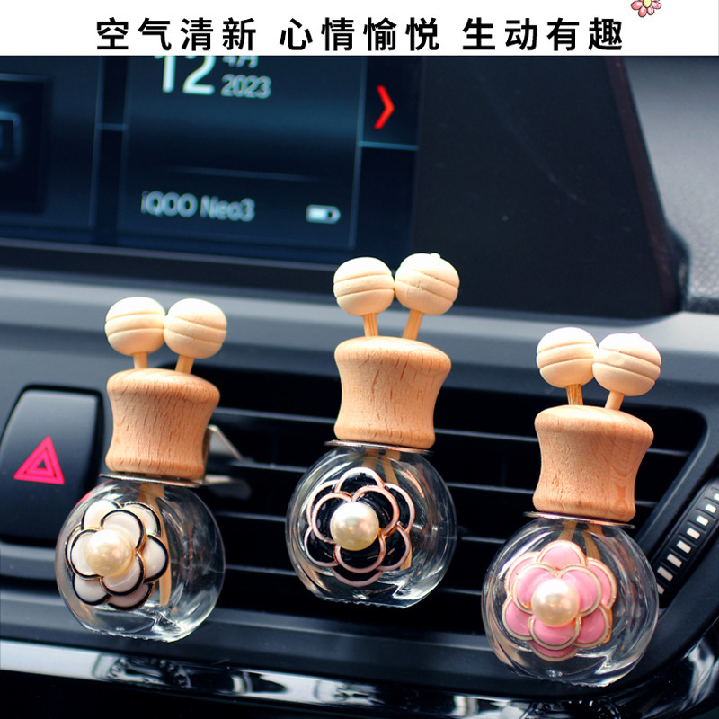 Aire acondicionado de coche, clip de salida de aire, flor de perla, botella de aromaterapia, perfume de coche, botella vacía de vidrio, accesorios de coche, decoración femenina