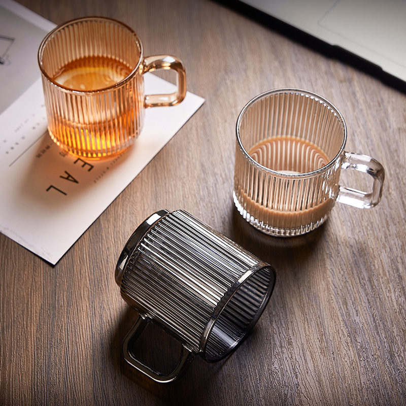 日式竖条纹带把玻璃水杯马克杯果汁杯咖啡杯竹木盖牛奶杯多色可选