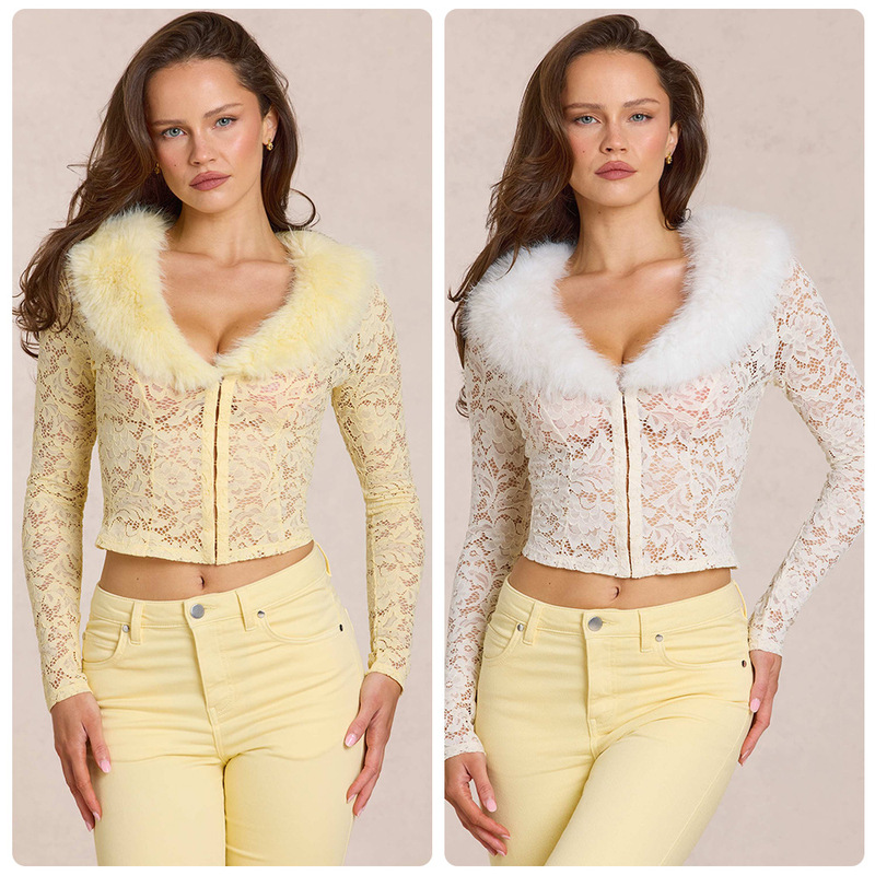 See-Through Lace Short Cardigan Top with Fluffy Plush Large Collar, Front Single-Breasted Closure, Long Sleeves, and Exposed Waist Lace Jacket