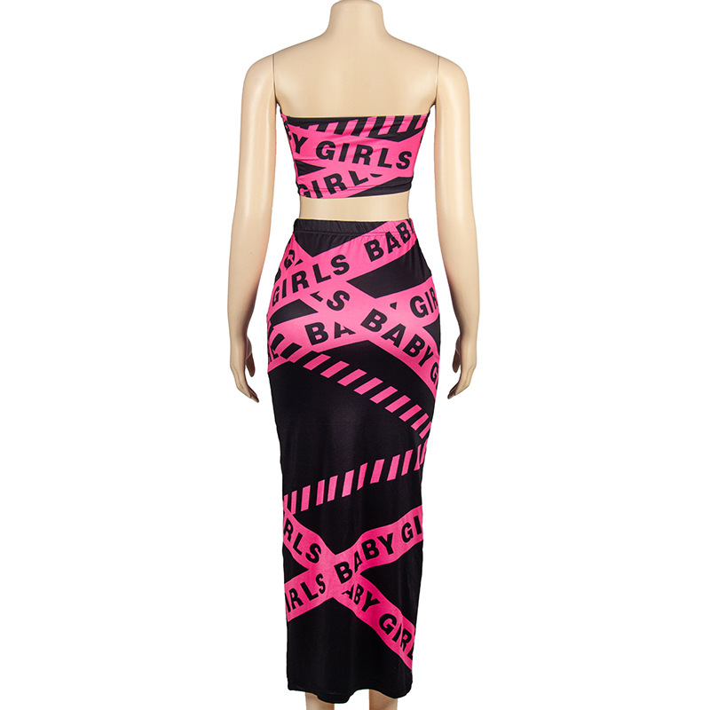 Spring Summer Sleeveless Letter Graphic Print Tube Top Long Skirt Women Set