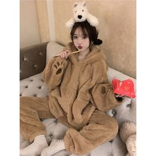 日系可爱熊宝珊瑚绒睡衣女秋冬加绒加厚保暖法兰绒冬款纯色居家服