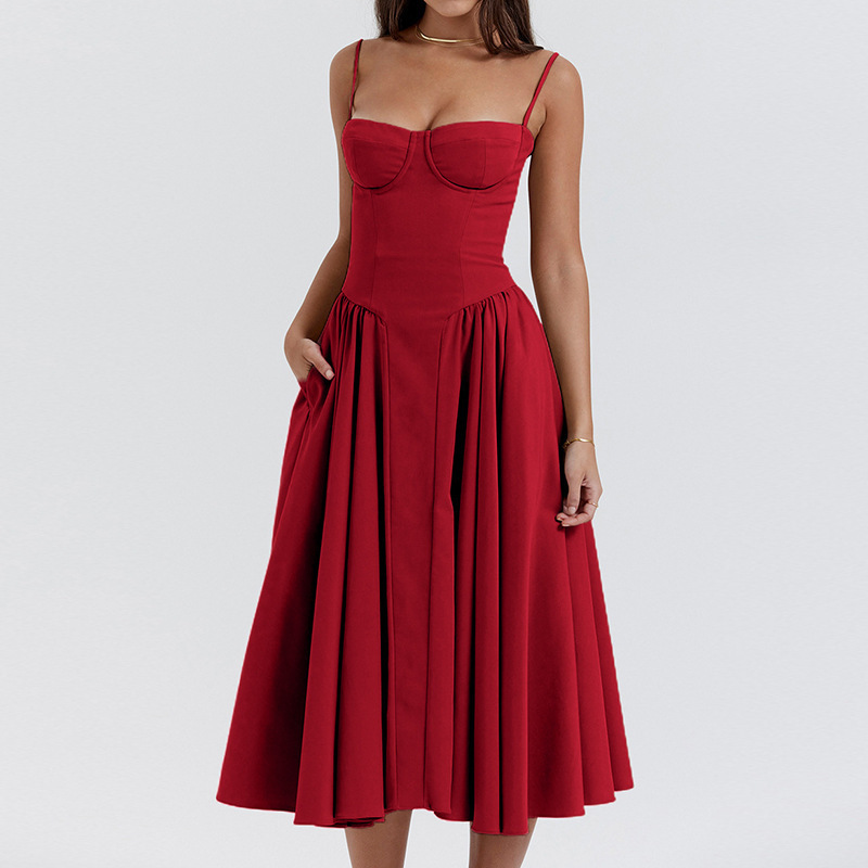 亚马逊夏季欧美爆款跨境抹胸连衣裙新款收腰时尚性感红色吊带裙女