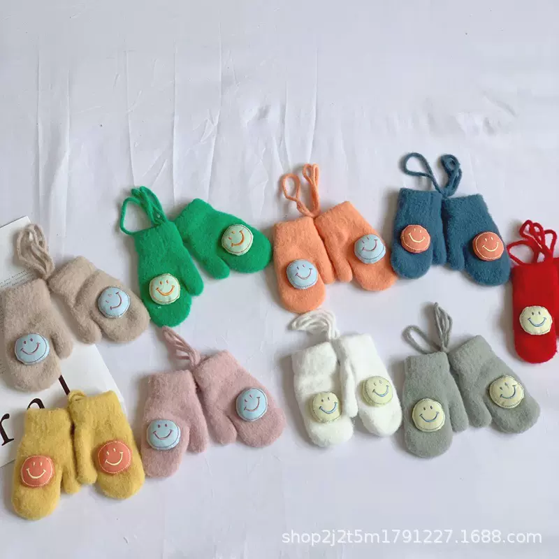 儿童手套冬韩版卡通青蛙加绒加厚可爱保暖连指挂脖宝宝手套