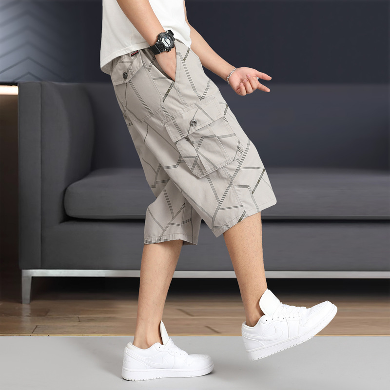 Men's Casual Shorts 100% Cotton Breathable Multi-Pocket Fashion Capri Pants Summer Cotton Sweat-Absorbing Tappers Thin