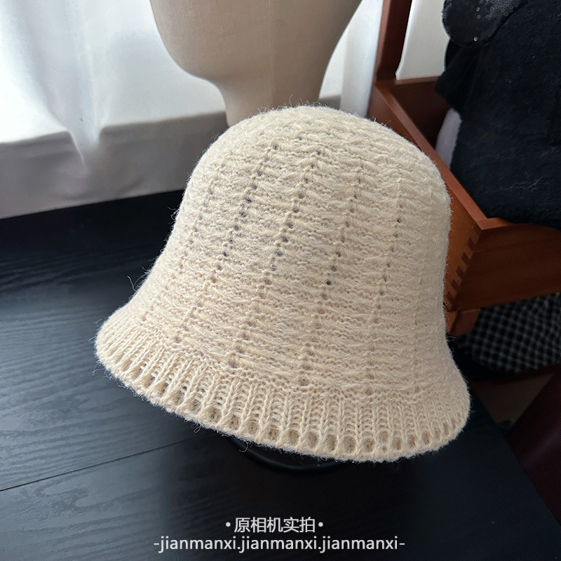镂空钩花针织帽子女秋冬新款百搭简约水桶帽子休闲优雅遮阳盆帽潮|undefined