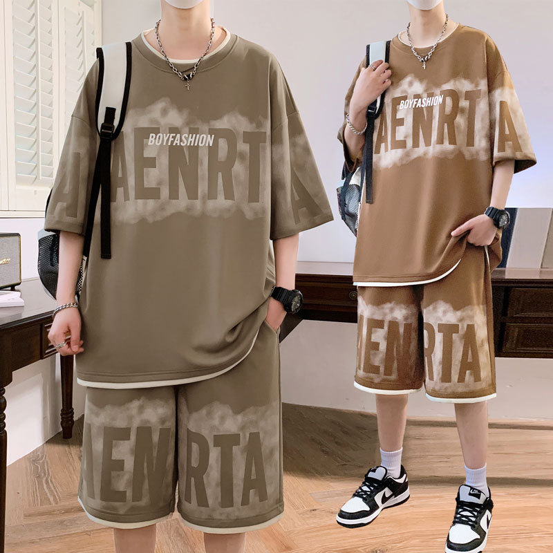 Summer Fake Two-piece suit Men's High-end Hong Kong Style Fashion Brand Handsome Youth Loose Leisure Sports Two-piece Set