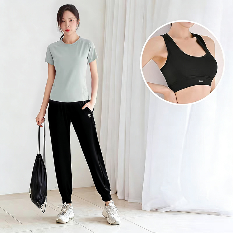 S10 녹색 반팔 티셔츠 + K20 검정색 긴바지 + 검정색 브래지어