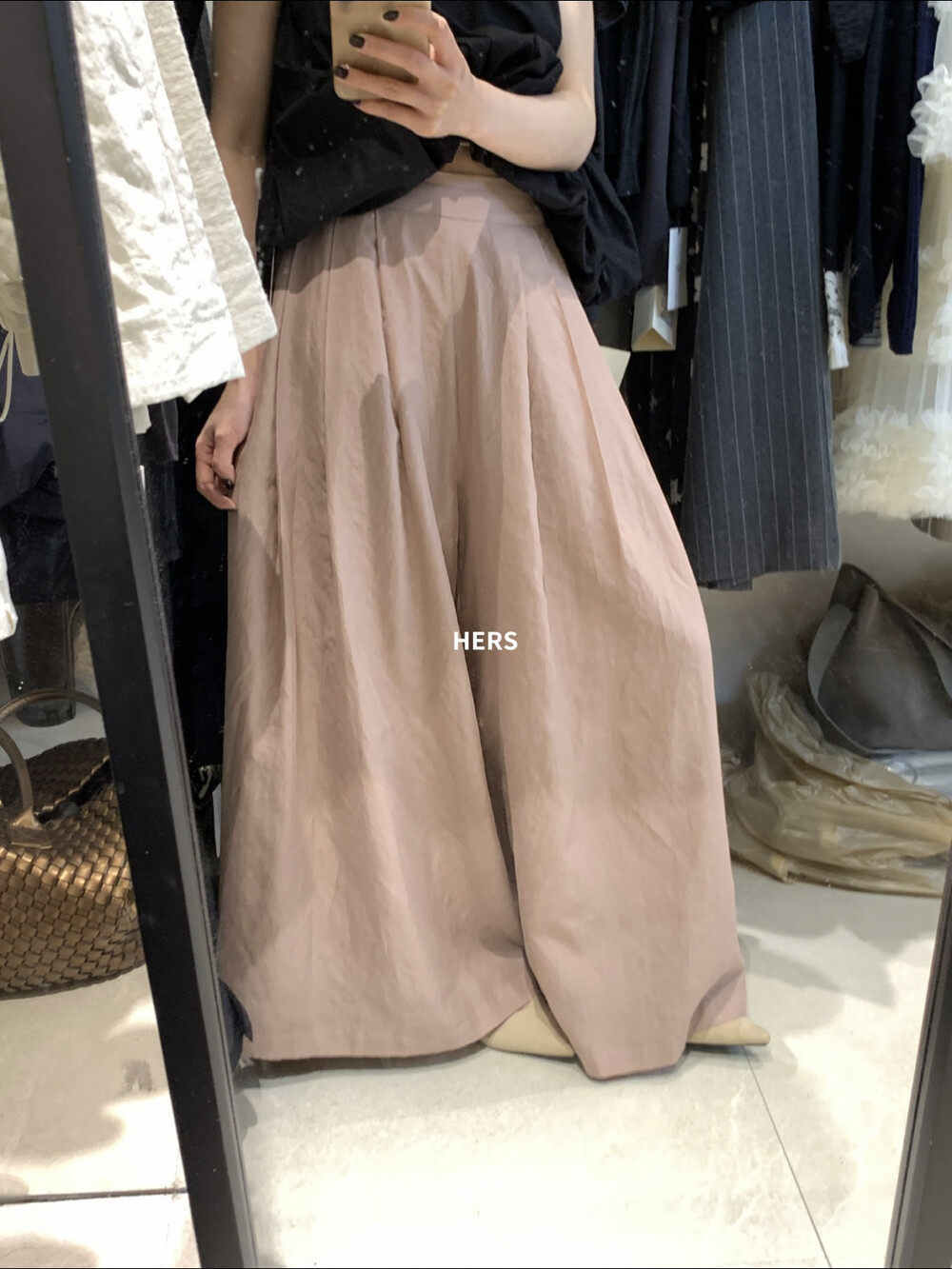 Quần culottes nữ ống rộng cạp cao thun lưng dáng suông phong cách Nhật — Thẻ hồng, màu trắng chi tiết 5