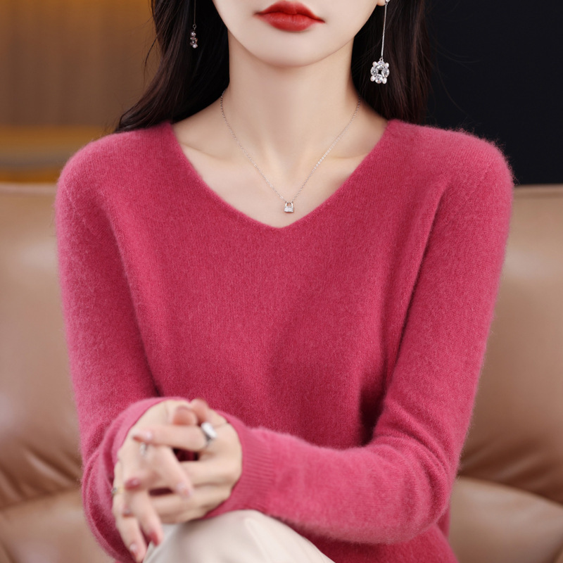 First-Line Ready-To-Wear Seamless V Neck Pure Wool Sweater Women's Loose Pullover Curled Sweater Spring & Fall Thin Knitted Base