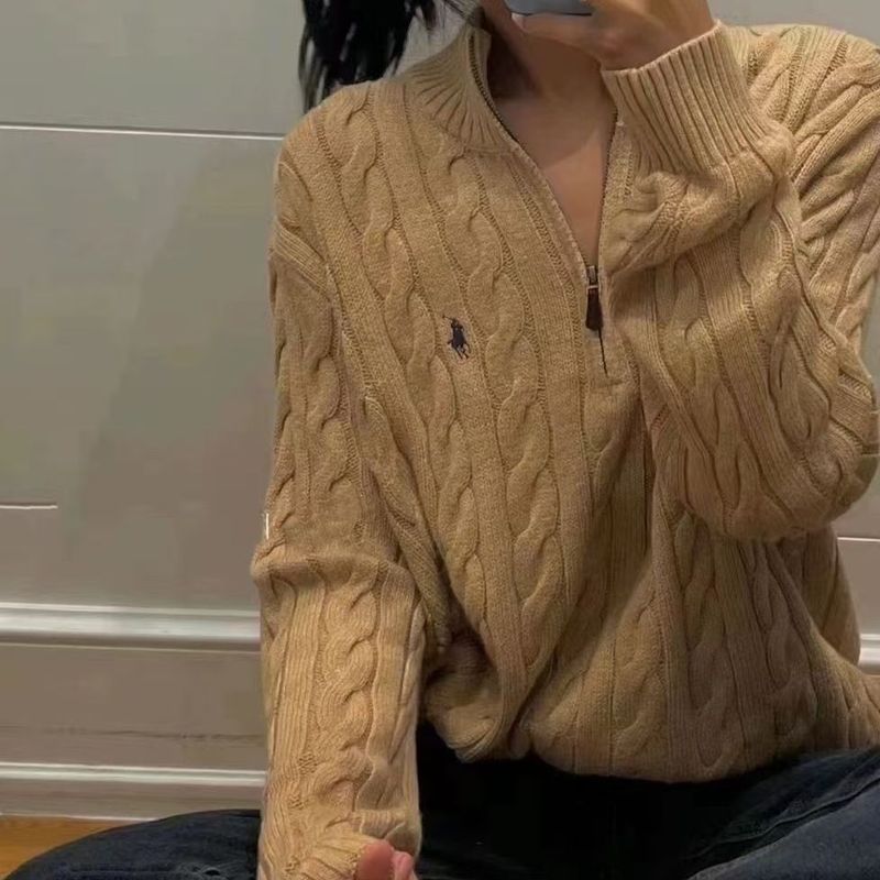 High-grade Lazy Sweater Coat Top Old Money Style Pony Embroidered Half-turtleneck Zipper Twig Knit Sweater for Women