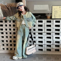 女童牛仔套裝春季2024新款兒童女大童女孩春秋款時尚闊腿褲兩件套