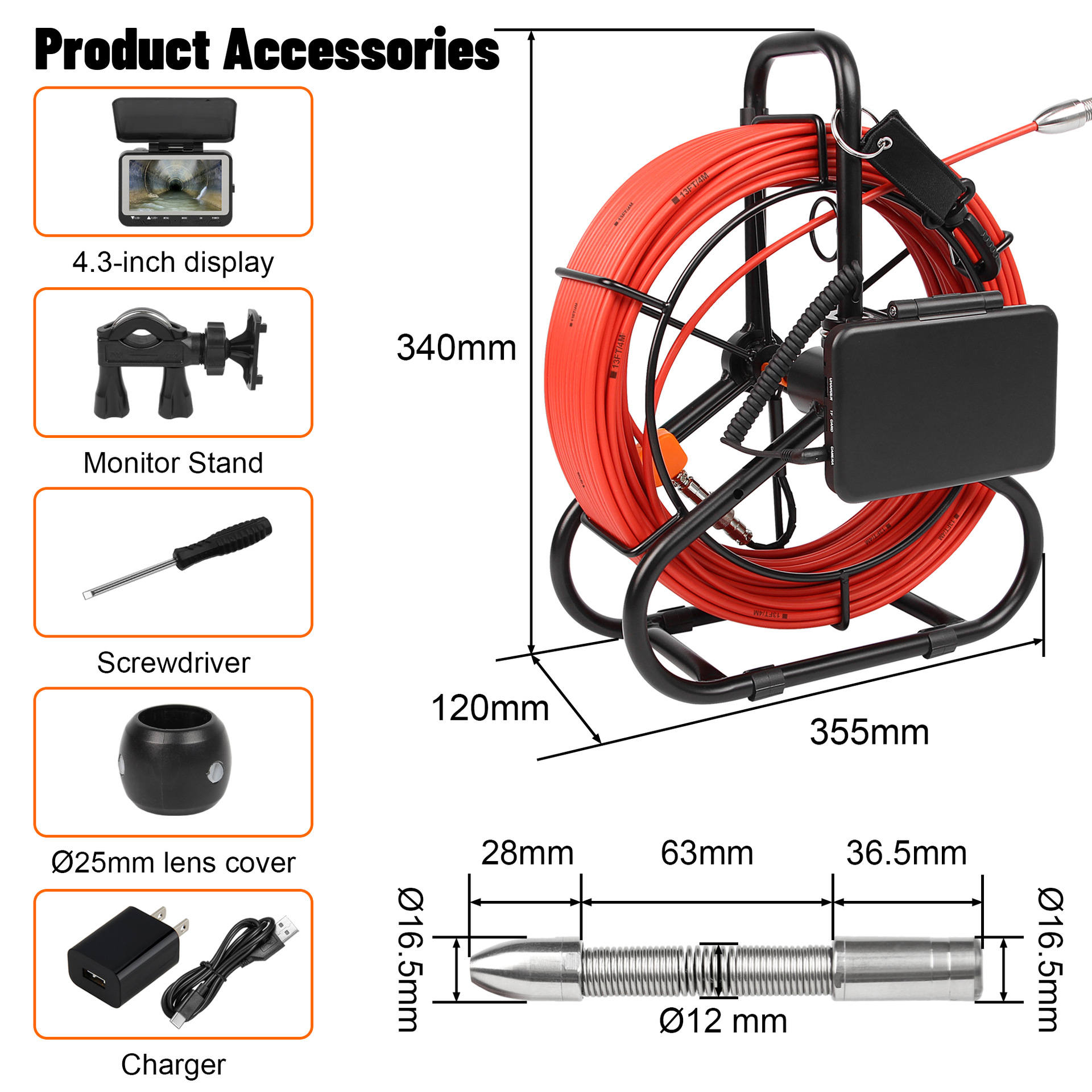 Foreign Trade Cross-border Supply Pipeline Endoscope with Measurement Markings for Photography and Recording 4.3 Inch Screen 16.5mm Small Lens