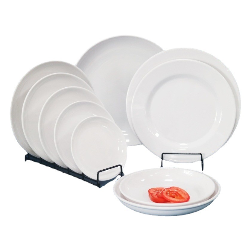 Platos de melamina blancos, platos redondos, platos planos, platos de melamina para cenar, platos comerciales para comida rápida, platos redondos de estilo occidental, platos redondos al por mayor.