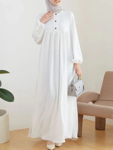 New Muslim Women's Long Robe: Stylish, Casual, with Puff Sleeves—Simple, Loose-Fitting, Solid-Color Dress