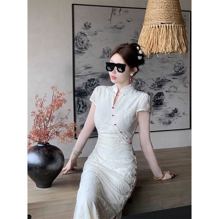Lingqian Yunxiao 新しい中国風改良チャイナドレス女性の夏のニットジャカードチャイナドレスの首元がとても美しいドレス|undefined