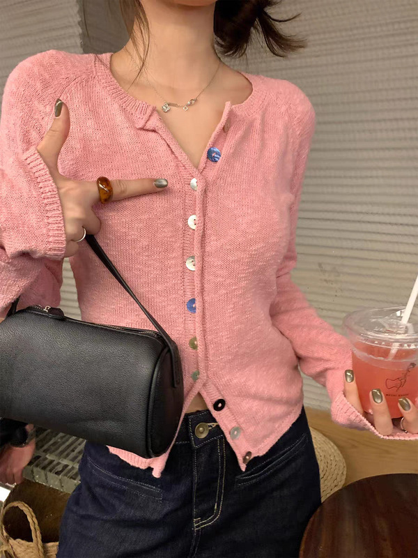 im向 甜氧织语~雪花感100棉撞色贝壳扣显瘦针织衫女秋季针织开衫|undefined