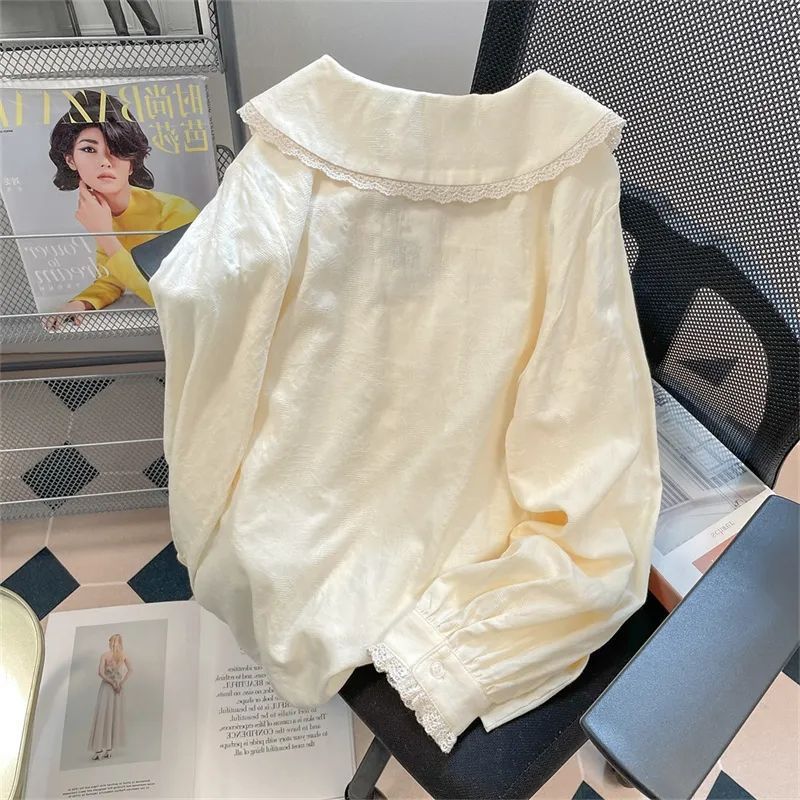 法式甜美小众娃娃领花边长袖衬衫女秋季小个子慵懒风内搭上衣|undefined