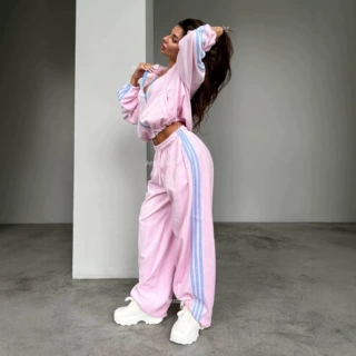 2026爆款套装丝绒连帽卫衣女秋冬款撞色三杠拉条直筒长裤女两件套