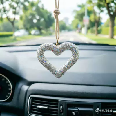 Cross-Border Amazon Clay Diamond Love Car Pendant Rearview Mirror Full Diamond Car Pendant Car Keychain (Car hanging) - silver-love-rope