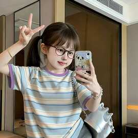 女童条纹短袖T恤夏季2026新款拼色领宽松休闲上衣宝宝百搭打底衫