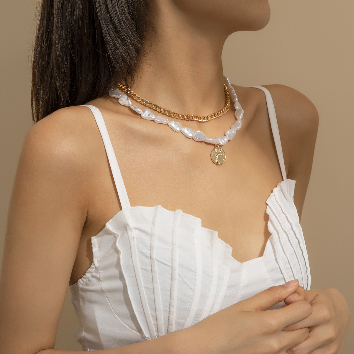 Baroque shaped pearl alloy pendant twopiece set necklacepicture1