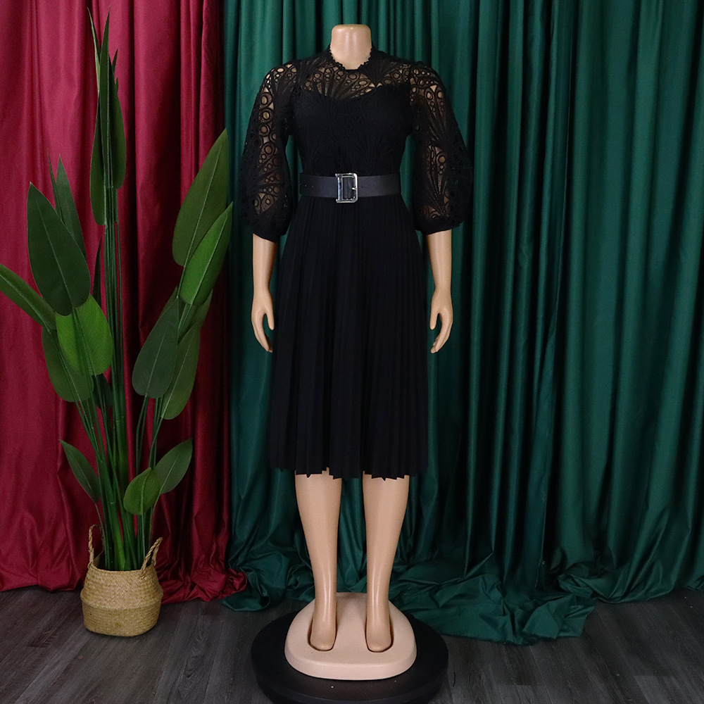 Women's Lace Hook Dress Hollow Pleated Stitching New Clothing_ecoleips.com
