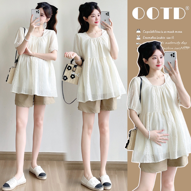 Real Shot of 2025 New Summer Maternity Korean Style Embroidered Age-Reducing Loose Baby Doll Top Suit