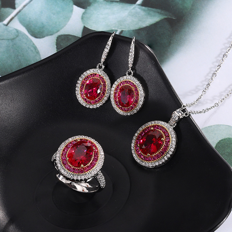 2024 Nuevo Zhuang Shengsheng Jewelry Simulación Corindón rojo Temperamento Retro Pigeon Egg Three Set 8*10-6-* 8