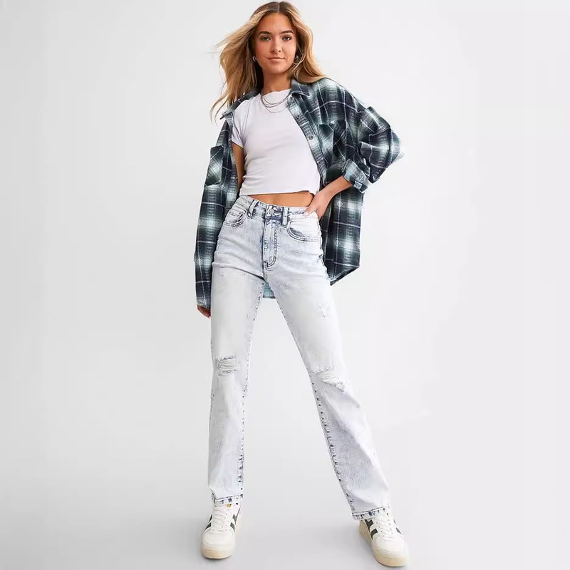 2024 Amazon High-Waisted Straight-Leg Denim Pants for Women, Washed Trendy Brand Light-Colored Simple Non-Stretch Pants Versatile