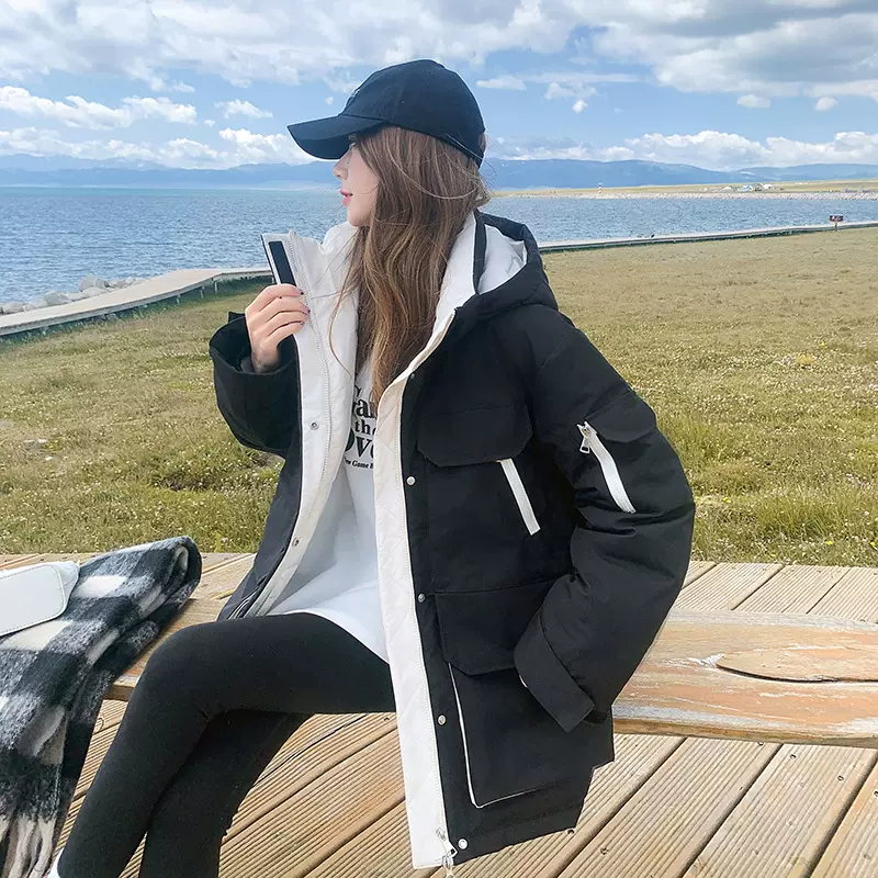 派克服中长款羽绒棉服女冬装2025跨境欧美连帽情侣工装棉衣外套贸
