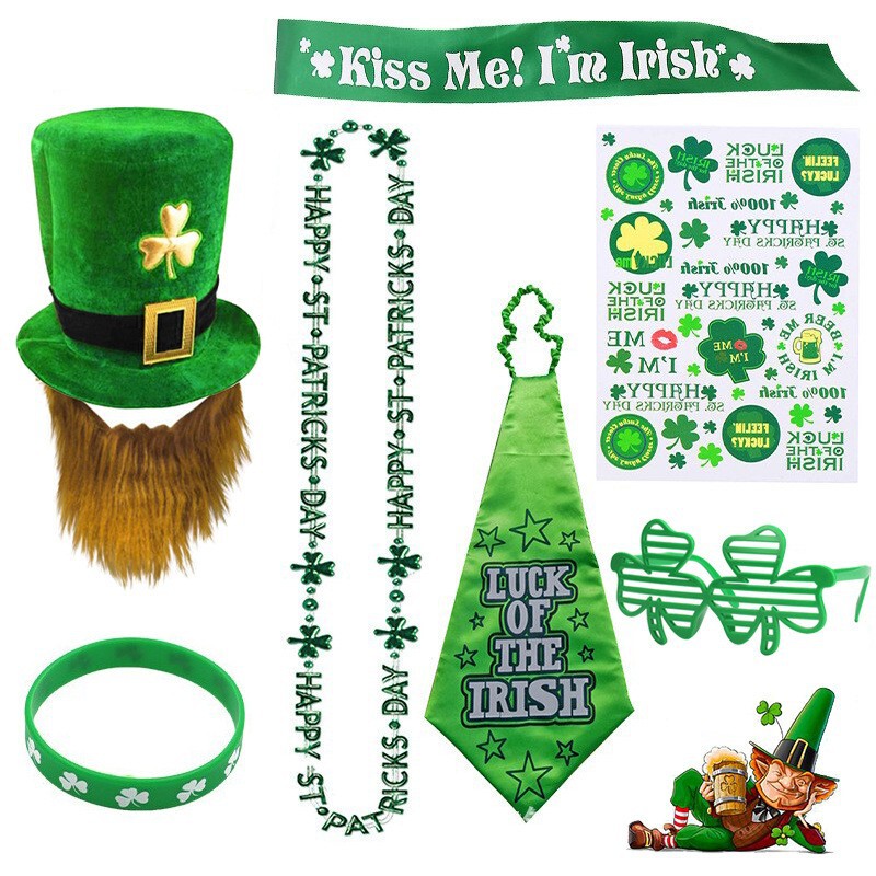 in stock St. Patrick's Day Hat suit Irish Day Clover Glasses Tattoo Green Beaded Chain Bracelet in stock St. Patrick's Day Hat suit Irish Day Clover Glasses Tattoo Green Beaded Chain Bracelet