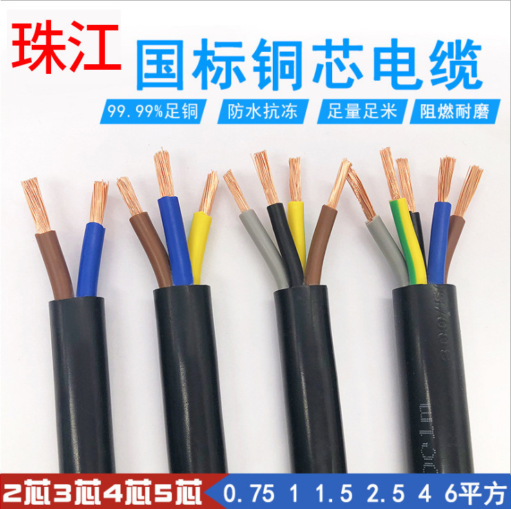 Copper core Pearl River RVV2 3 4 core 1 1.5 2.5 4 Square national standard waterproof cable sheath line power cord