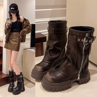 Brown Slimming British Style Thick Bottom Martin Boots Women's 2024 New Summer Short Men's Thick Heel Vintage Explosive Short Boots
